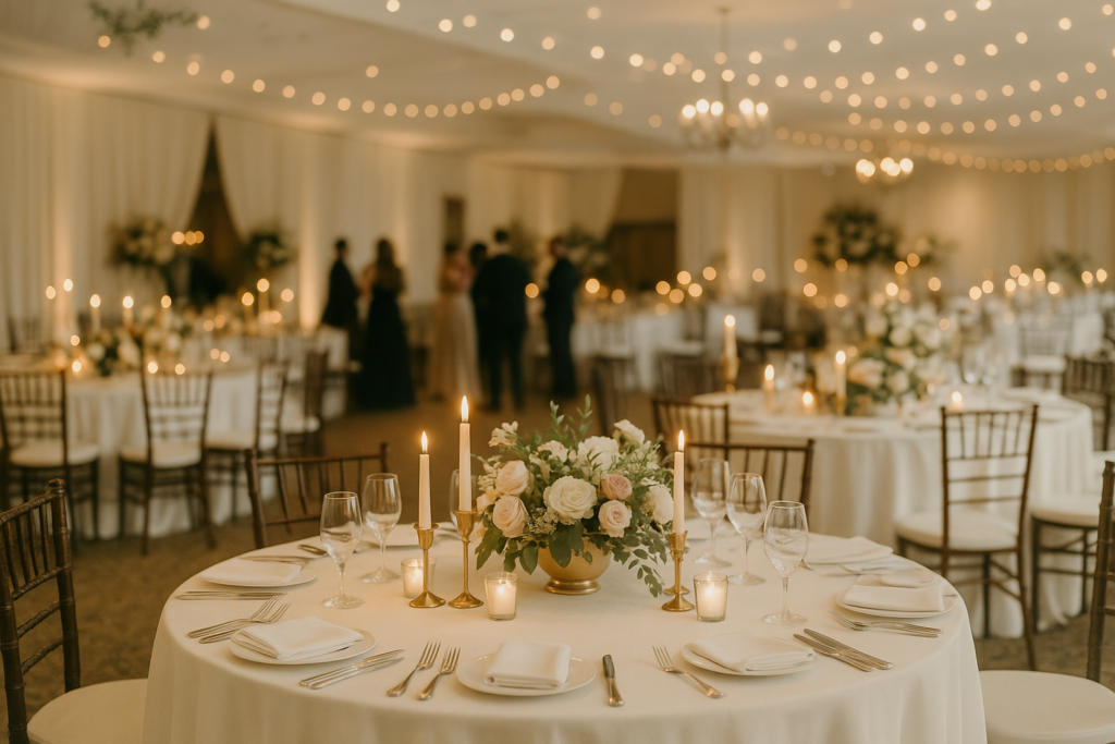 Elegant wedding reception in Indianapolis featuring candlelit tables, floral centerpieces, and a warm celebratory ambiance.